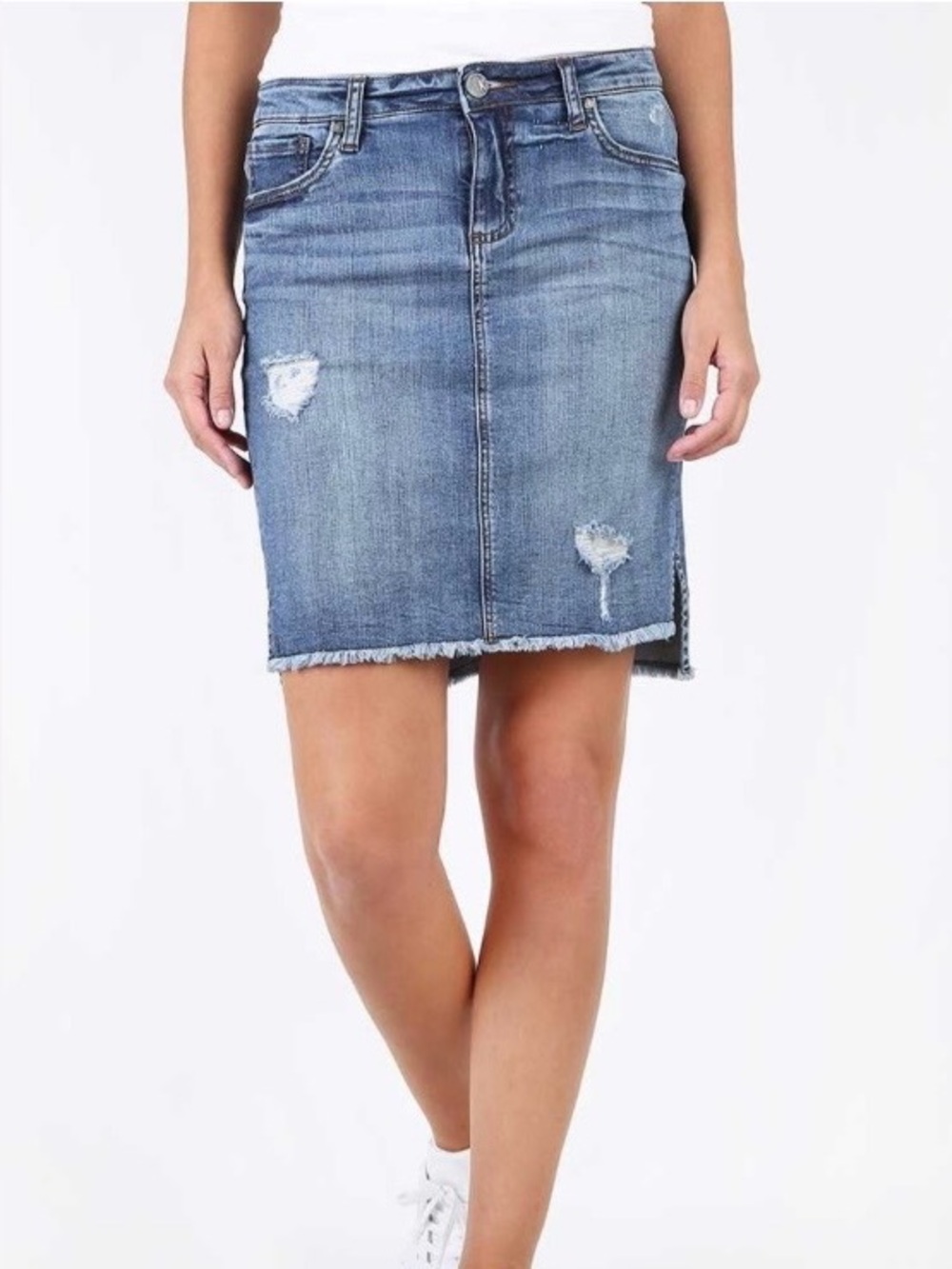 Kut from the Kloth Connie High Low Blue Distressed Denim Midi Skirt, 14